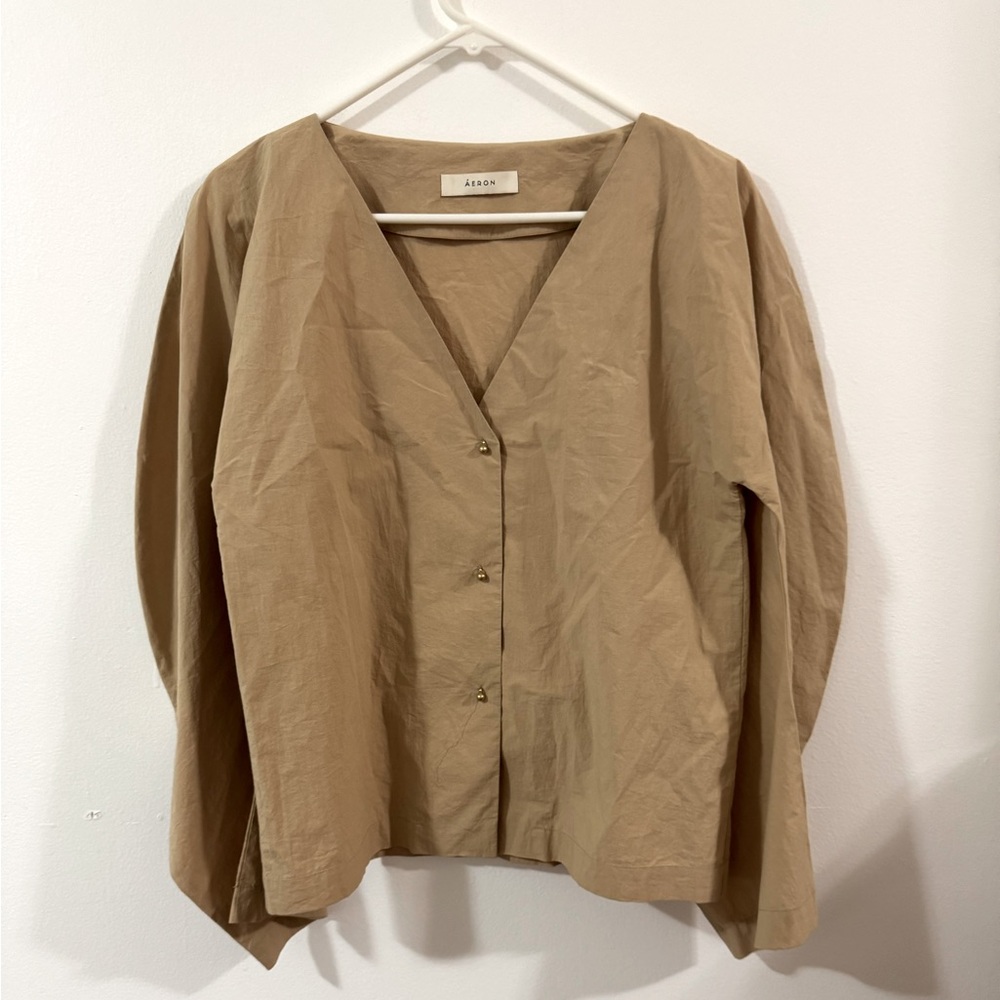 Áeron Beige V-Neck Button-Up Blouse